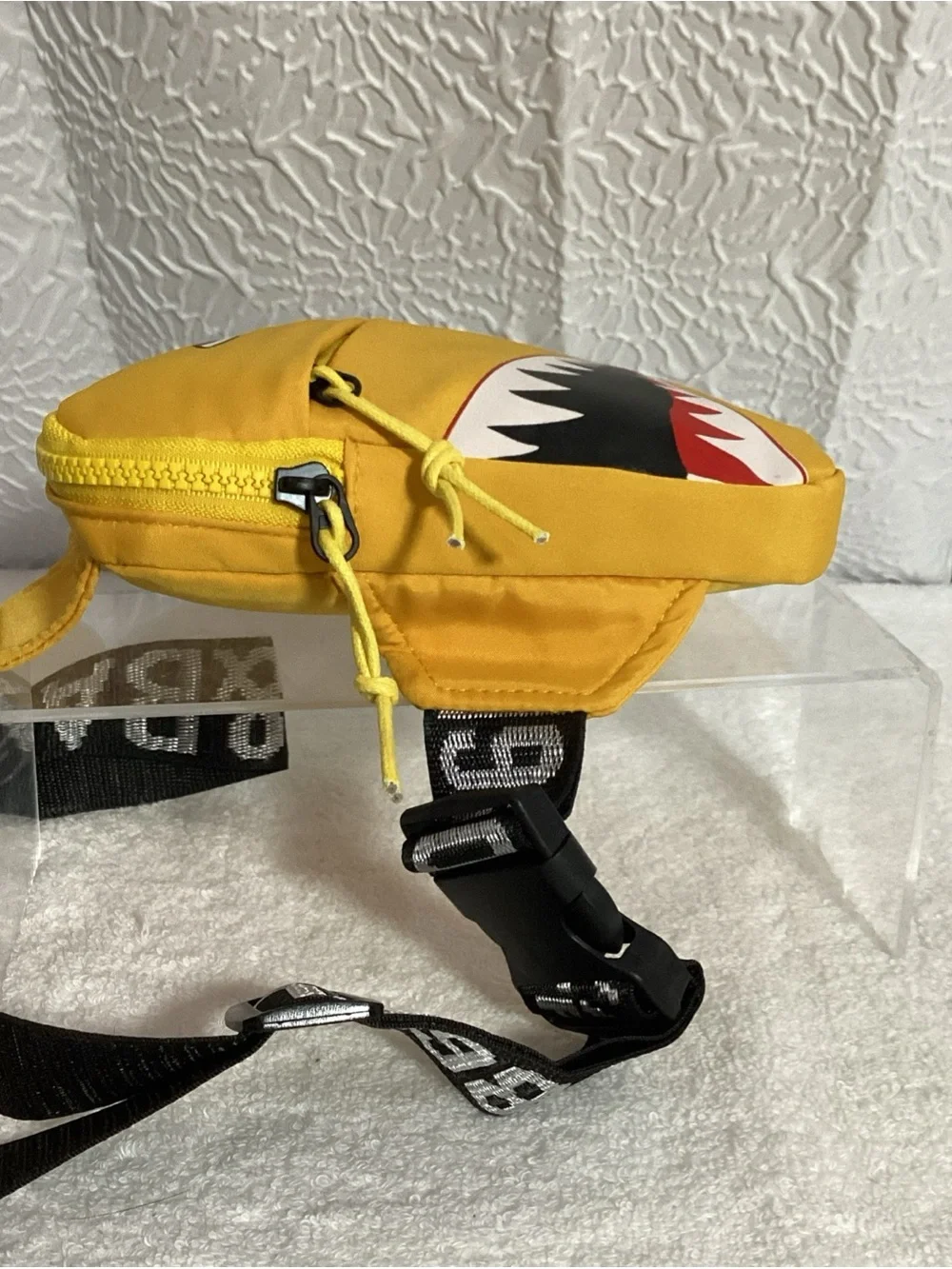 Monster Shark Face Graphic Yellow Nylon Fashion Crossbody Bag EUC Black Strap